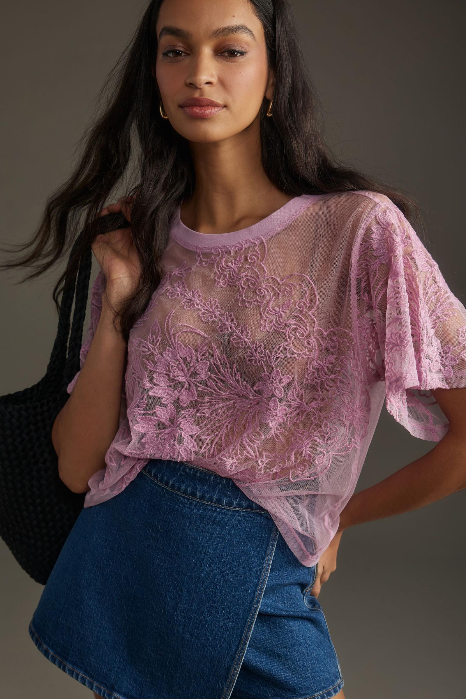 By Anthropologie Short-Sleeve Embroidered Mesh Top