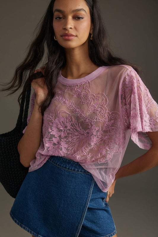 By Anthropologie Short-Sleeve Embroidered Mesh Top