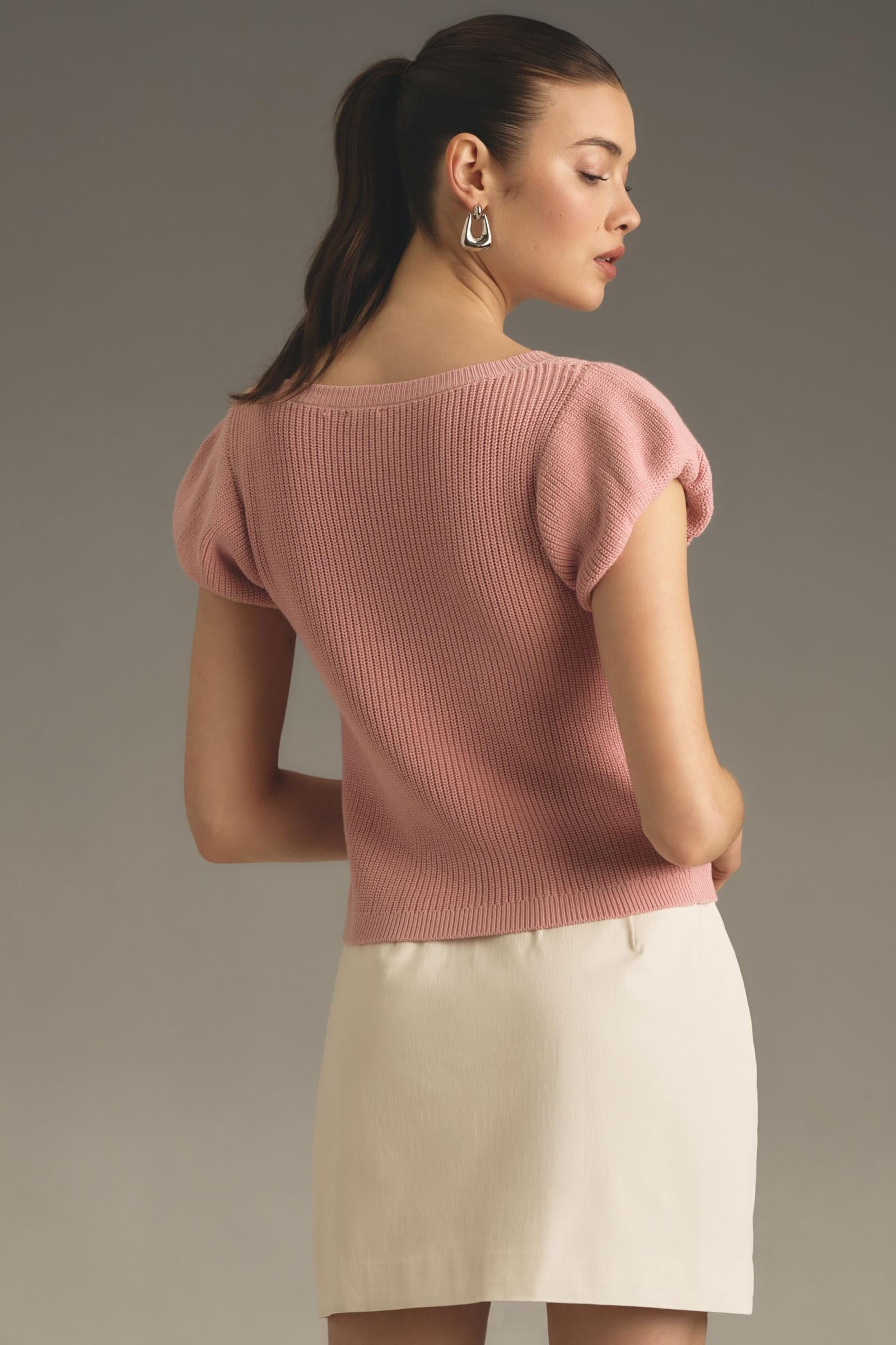 Maeve Puff-Sleeve V-Neck Sweater Tee