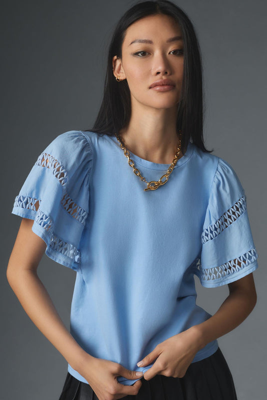 Self Contrast Flutter-Sleeve Cutwork Top