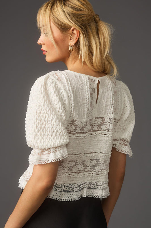 By Anthropologie Puff-Sleeve Lace Blouse