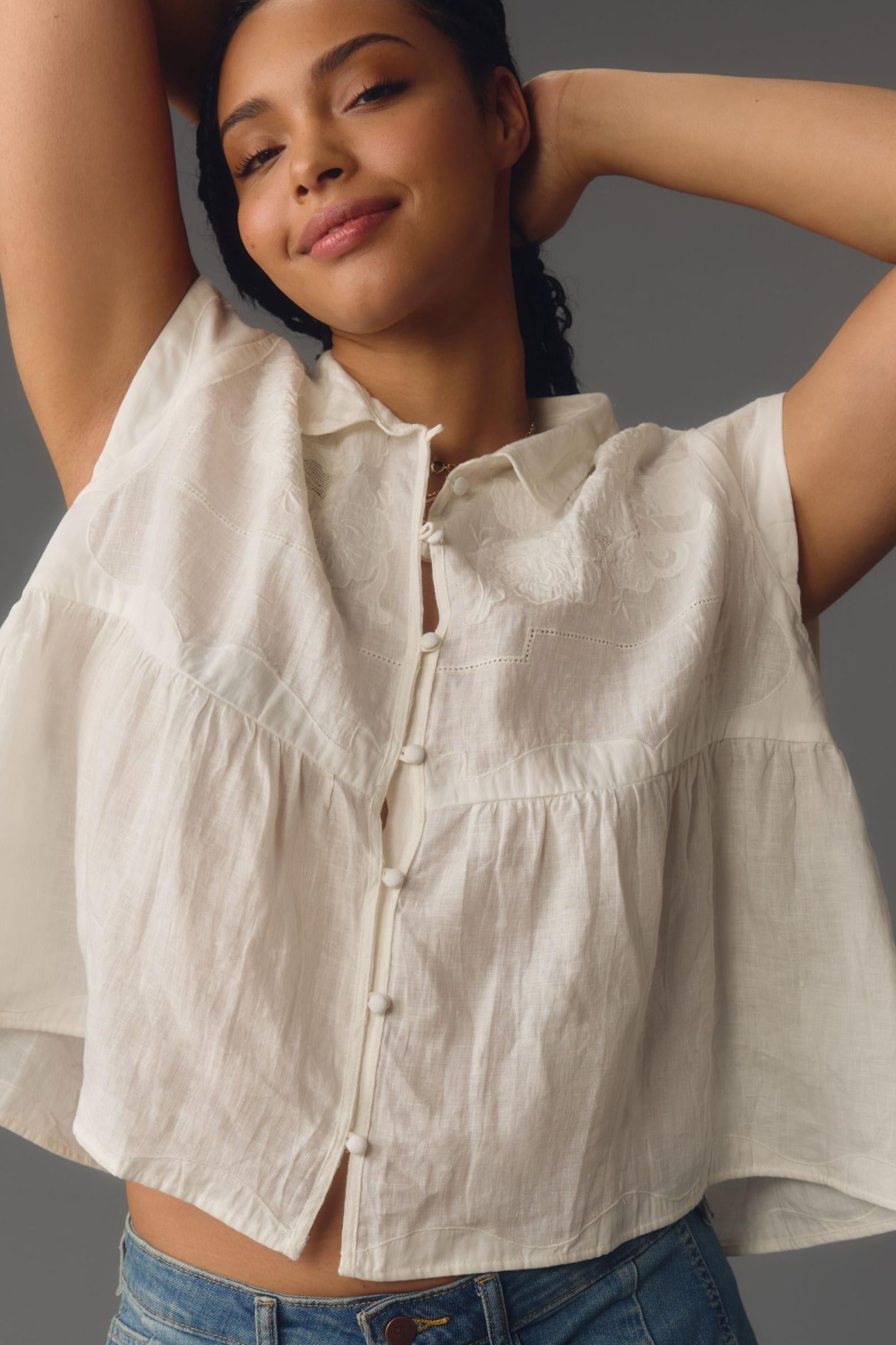 By Anthropologie Linen Applique Buttondown Tank