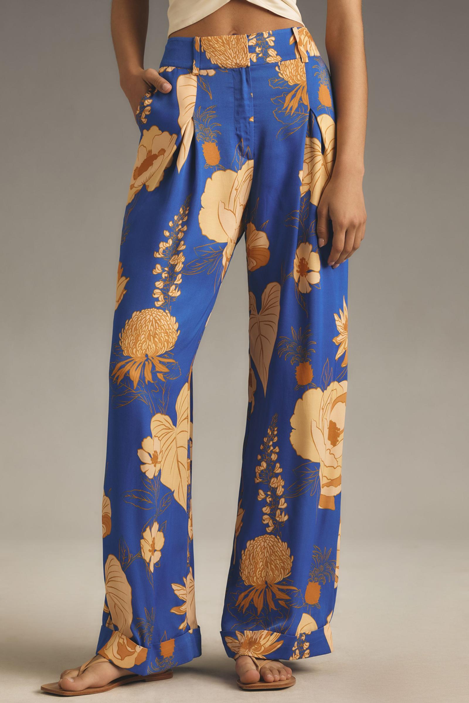 Farm Rio x Anthropologie Floral Satin Wide-Leg Trousers