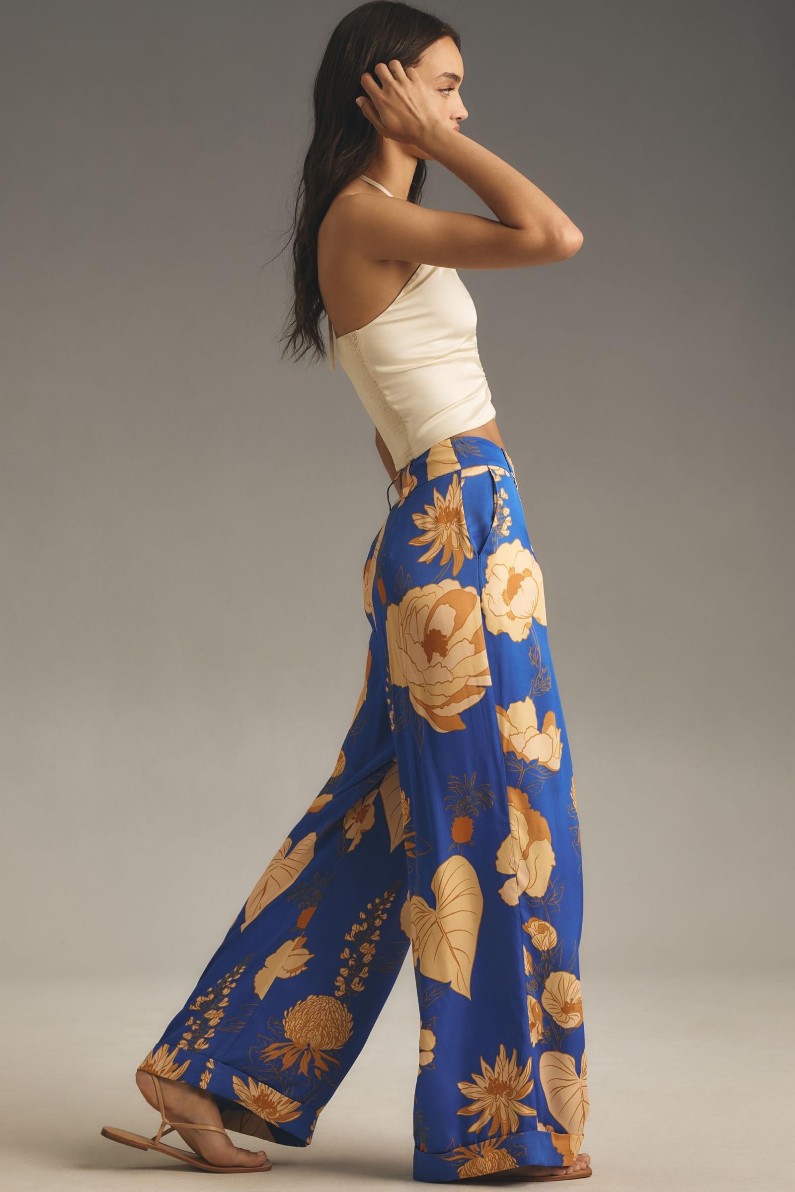 Farm Rio x Anthropologie Floral Satin Wide-Leg Trousers